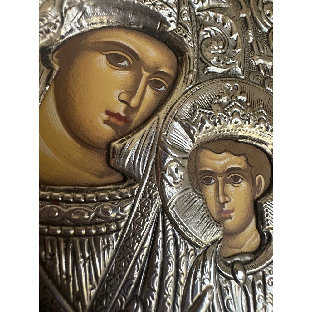 Byzantine Greek Orthodox 950 Pure Silver Icon Virgin Mary Child Jesus 6x5 - Picture 4 of 10